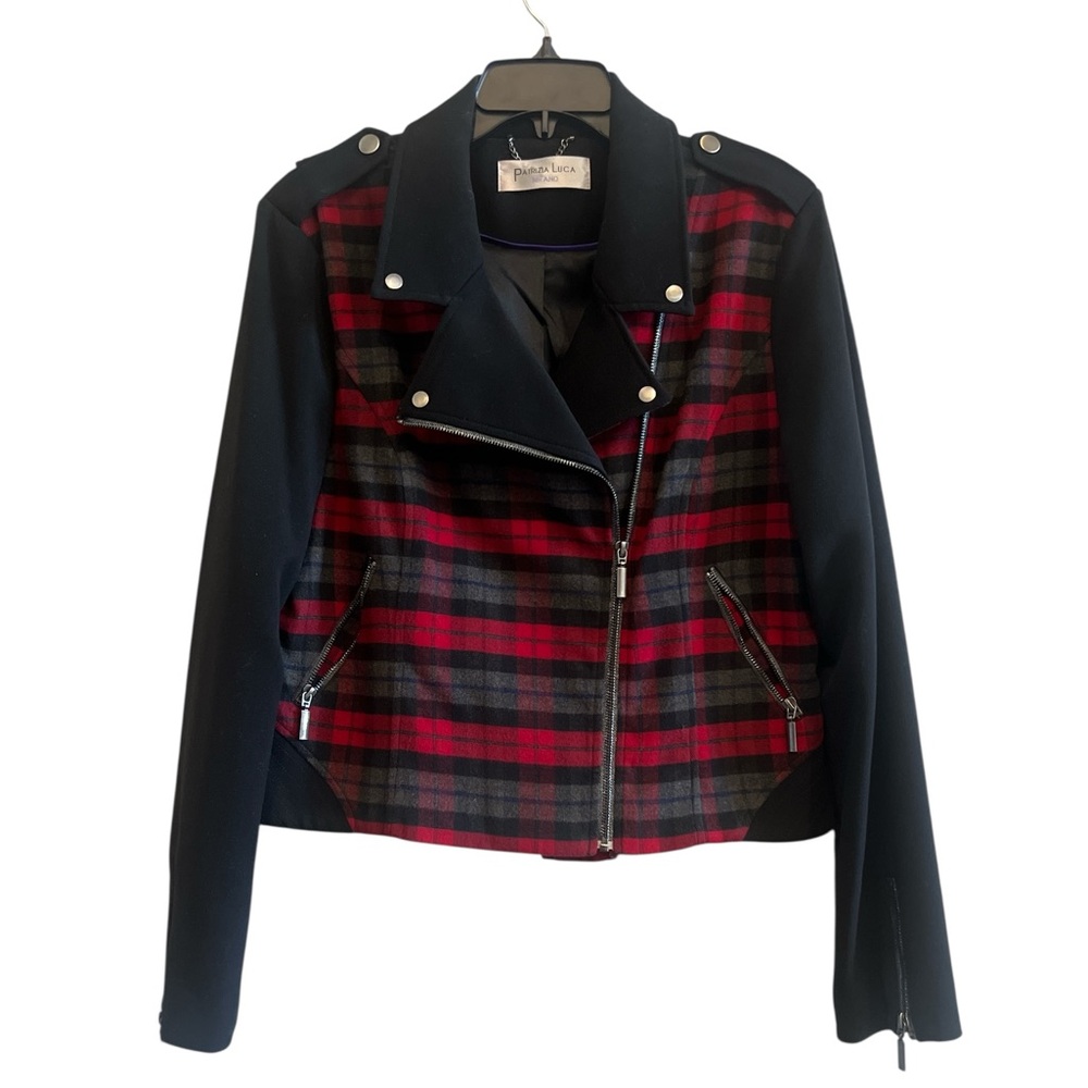 Patrizia Luca Black and Red Plaid Bomber Jacket Size XL